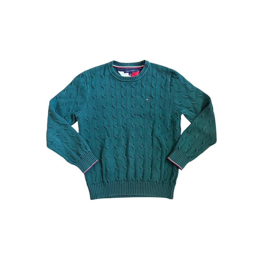 Tommy Hilfiger Green Cable Knit Cotton Sweater Womens Medium Logo Crewneck